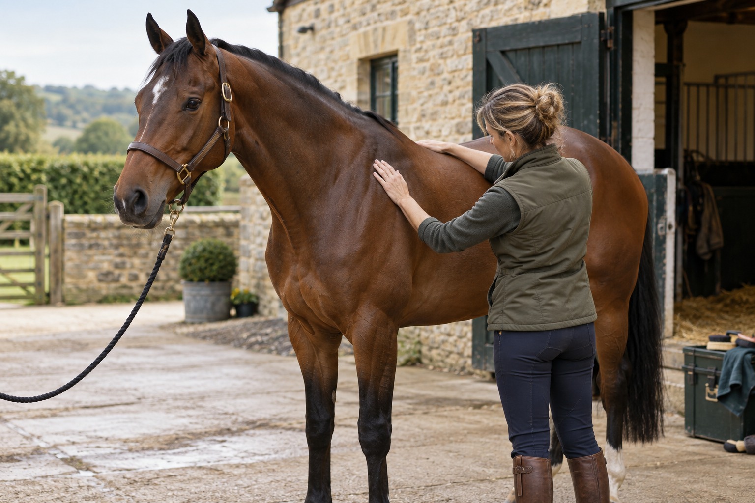 Concept photograph showing a calm hands-on assessment of a recently retired Thoroughbred