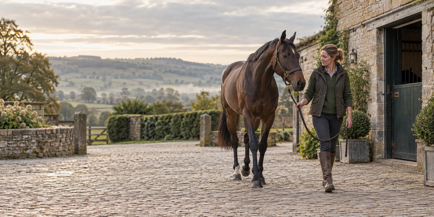 A bay Thoroughbred and a woman walking outside a stone stable