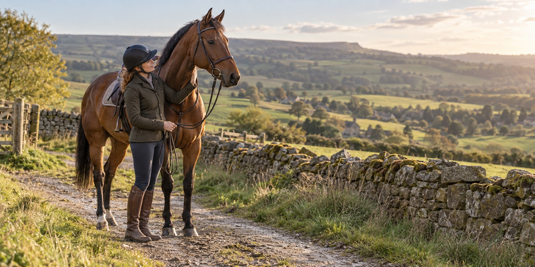 Concept photograph of a settled former racehorse and rider together in the Derbyshire countryside