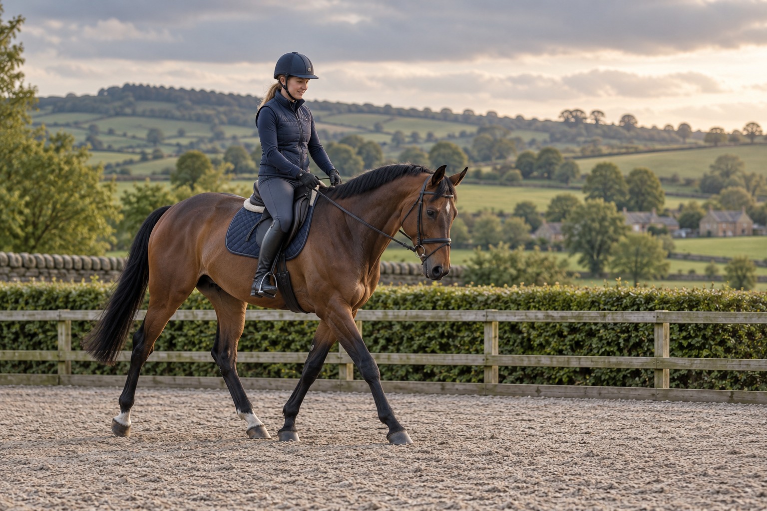 Concept photograph of a retired racehorse beginning quiet ridden education in a countryside arena